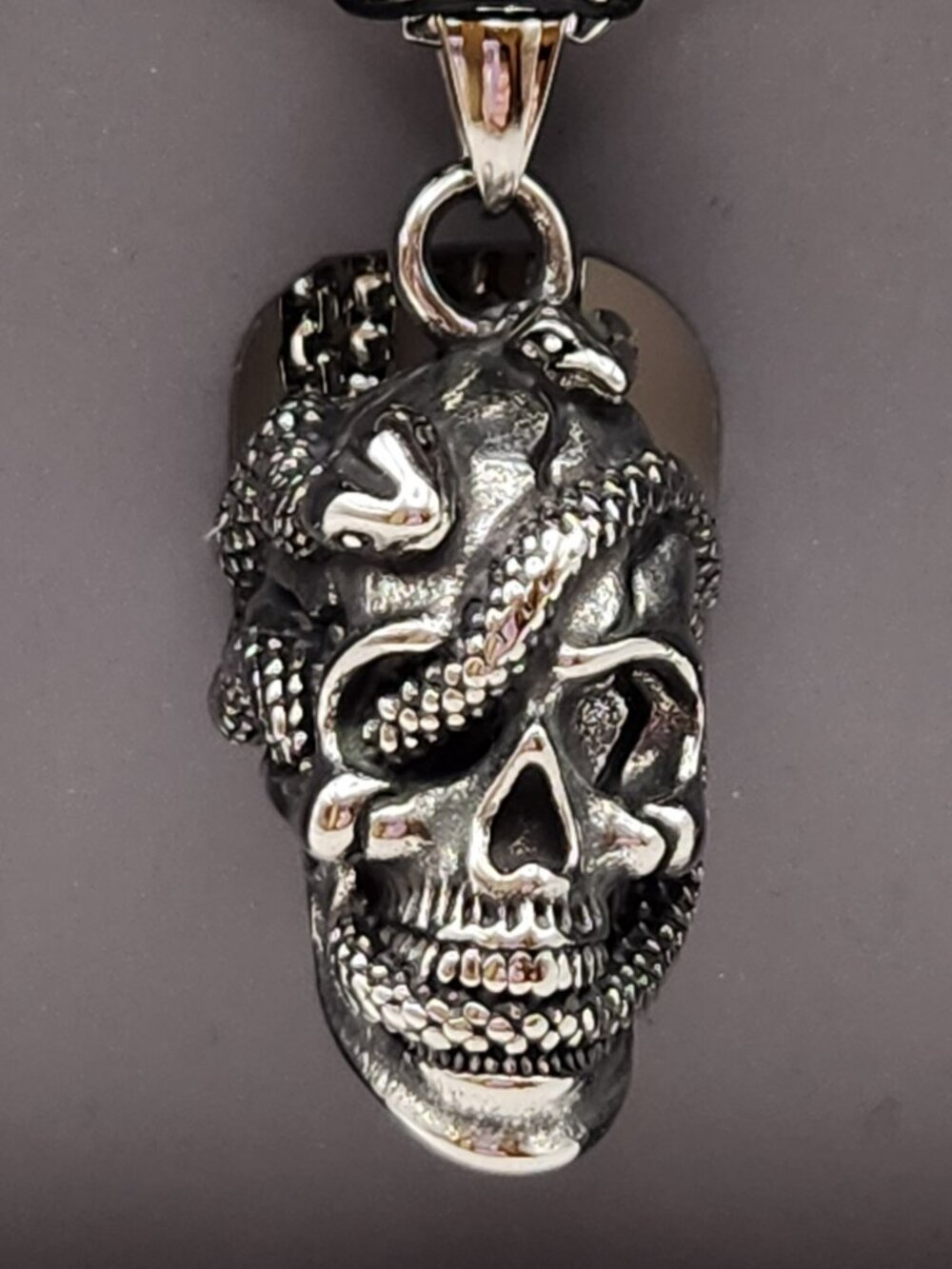 Ed Hardy necklace skull with snake stainless steel silver hardware unisex NWT